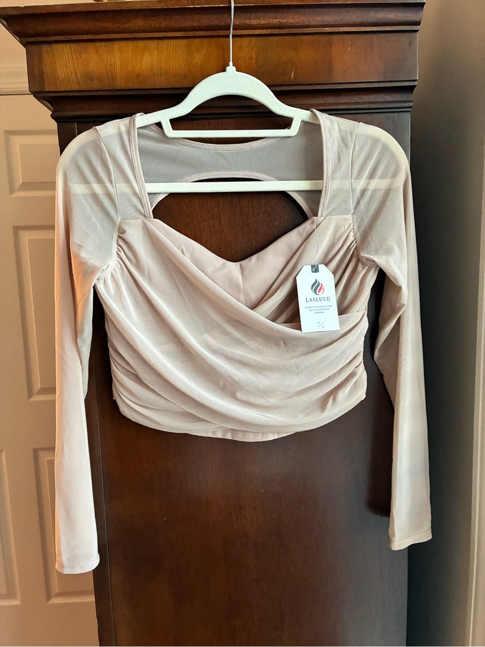 Laslulu Mesh Long Sleeve Crop Top with Built-In Bra Shelf Nude Pink Medium NWT - Picture 2 of 6